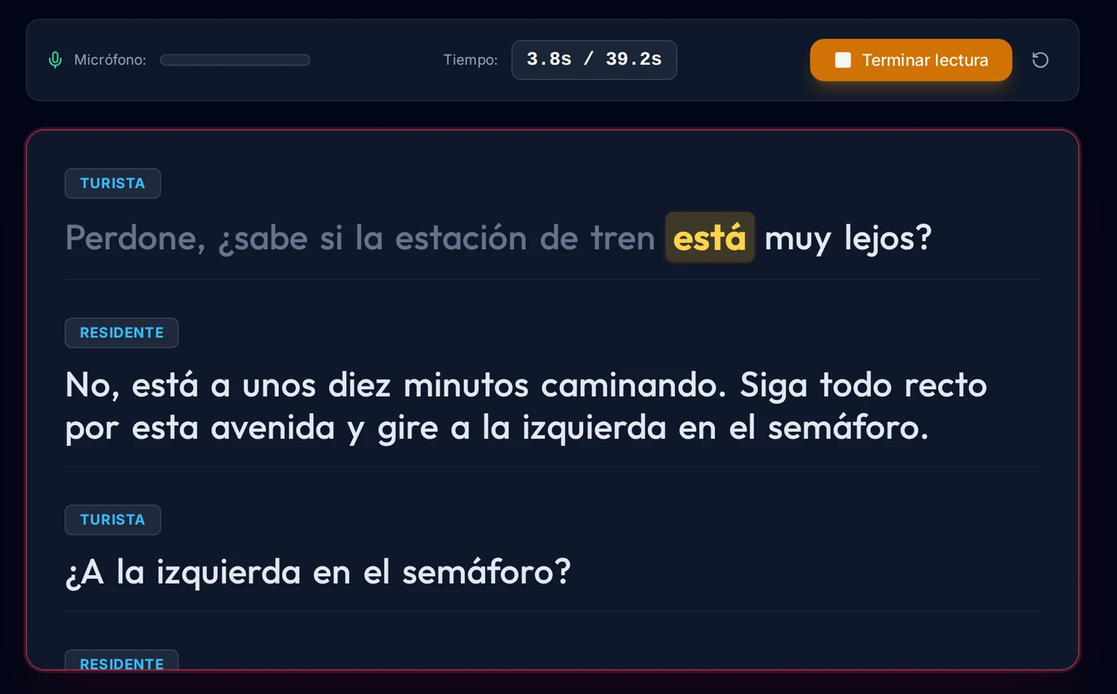 Teleprónter de Voces durante una grabación: un diálogo con la palabra actual resaltada en dorado y las ya leídas atenuadas.