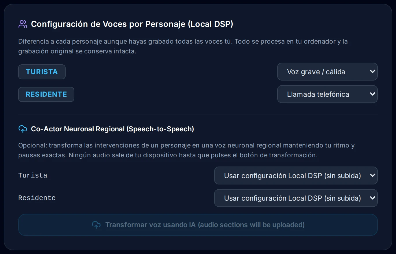 Panel de voces por personaje: voz original, grave, clara, llamada de teléfono o megafonía, y voces neuronales regionales opcionales.
